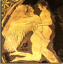 Zephyrus and Hyacinthus, Athenian Kylix (wine cup) from 490-485 BCE by Douris; Boston Museum of Fine Arts